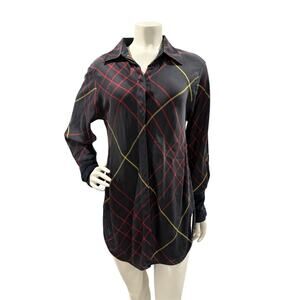Rag & Bone Edith Blouse Womens Sz M Black Red Silk Satin Window Pane Plaid Tunic